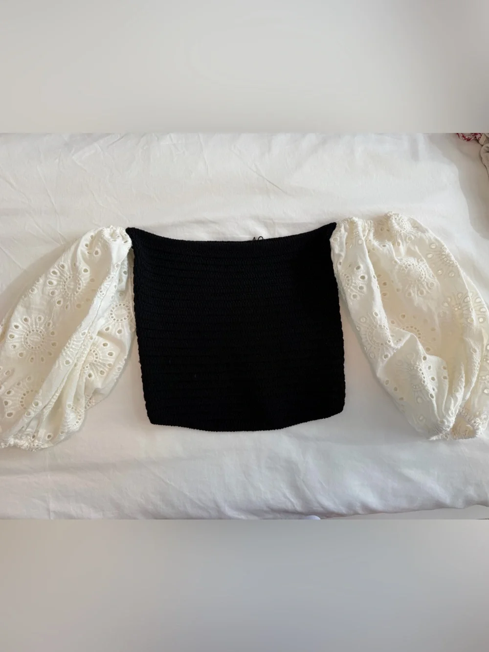 Zara Black Tube Top with White Eyelet Puff Sleeves